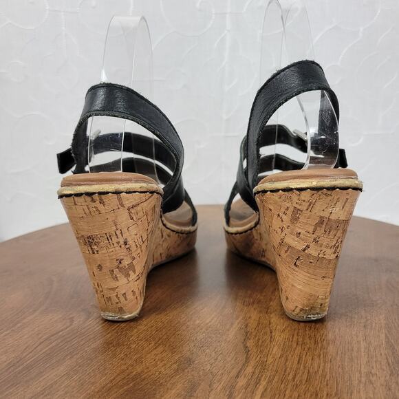 B.O.C Womens Schirra Sandals‎ 7 Black Leather Cork Wedge Sling Back Buckle Strap - Picture 5 of 14